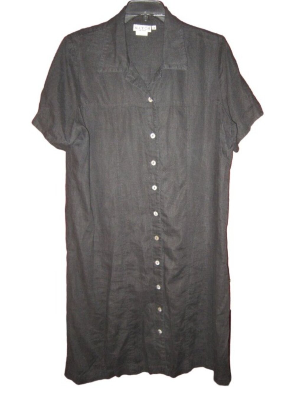 VTG Match Plus Size 1X 100% Linen Midi Long Dress Black Button Short Sleeve USA